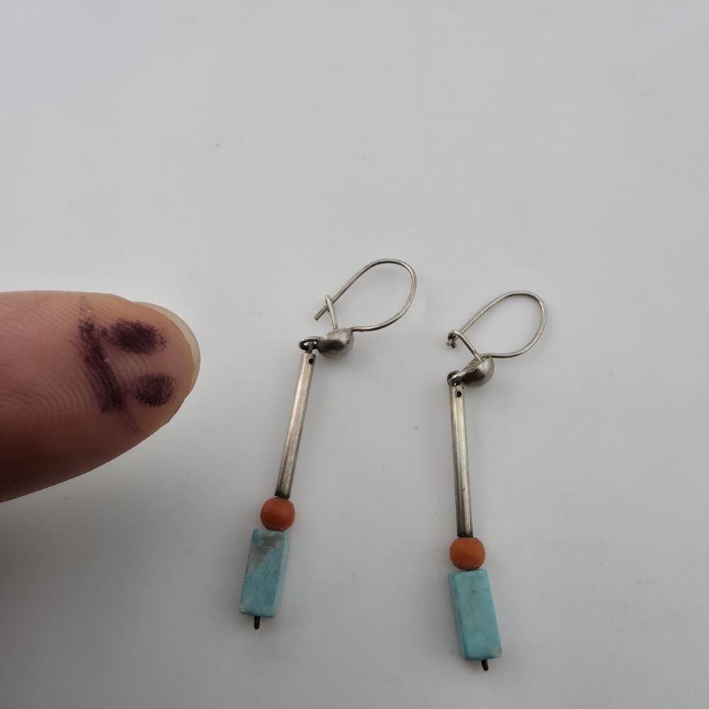 Vintage Sterling Silver Turquoise Coral Dangle Earrings Southwest Jewelry